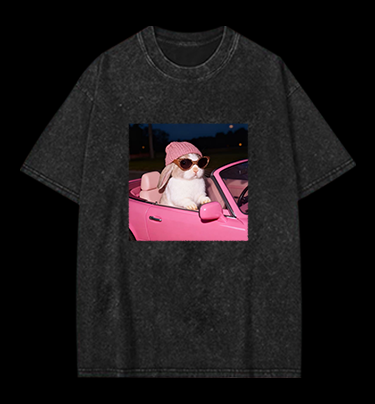 Fashion Bunny Cruising In Pink Car Vintage Washed 100% Cotton T-Shirt