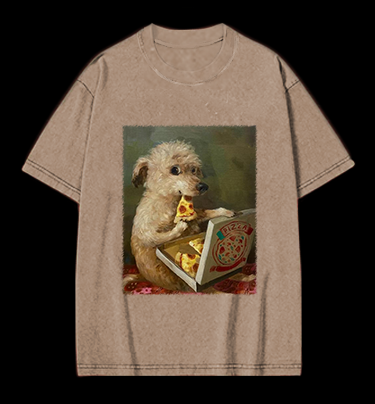 Pizza-Loving Dog Vintage Washed 100% Cotton T-Shirt