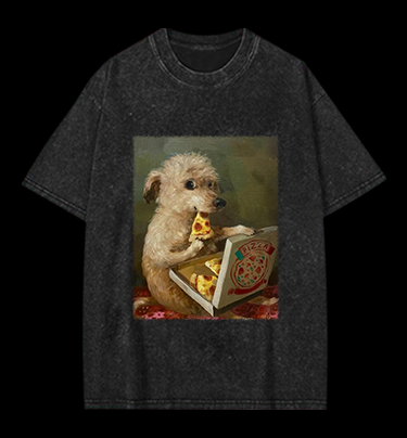 Pizza-Loving Dog Vintage Washed 100% Cotton T-Shirt