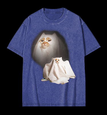 Ghost Cat Vintage Washed 100% Cotton T-Shirt