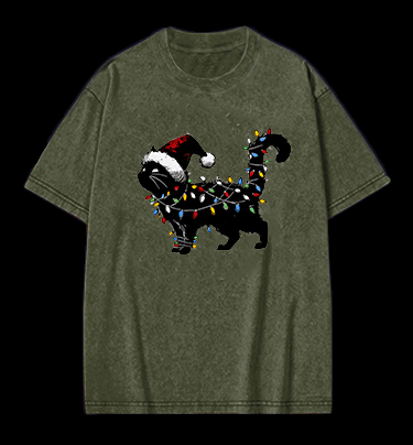 Christmas Light Cat Vintage Washed 100% Cotton T-Shirt