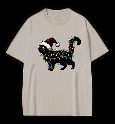 Christmas Light Cat Vintage Washed 100% Cotton T-Shirt