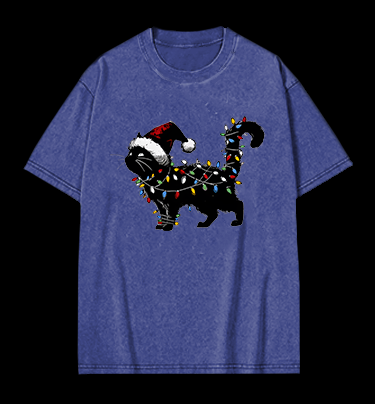 Christmas Light Cat Vintage Washed 100% Cotton T-Shirt