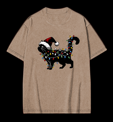 Christmas Light Cat Vintage Washed 100% Cotton T-Shirt