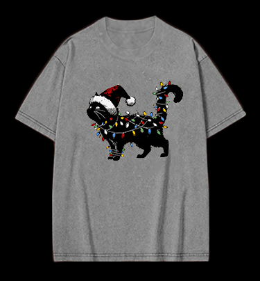 Christmas Light Cat Vintage Washed 100% Cotton T-Shirt