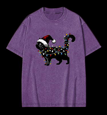 Christmas Light Cat Vintage Washed 100% Cotton T-Shirt