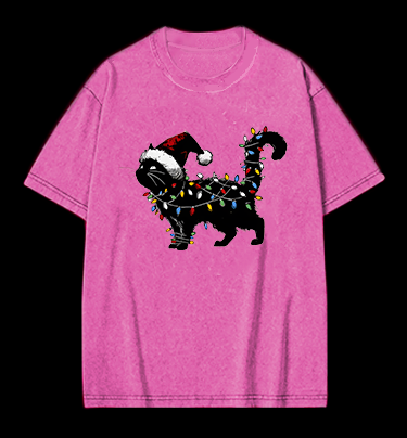 Christmas Light Cat Vintage Washed 100% Cotton T-Shirt