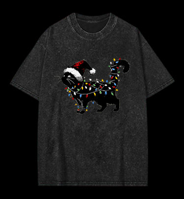 Christmas Light Cat Vintage Washed 100% Cotton T-Shirt