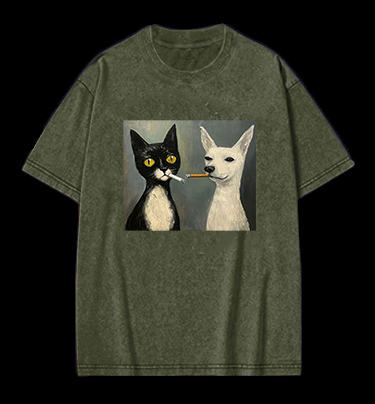 Cat Smoking In Oil Art Vintage Washed 100% Cotton T-Shirt