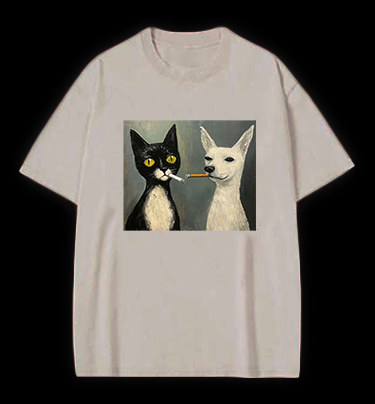 Cat Smoking In Oil Art Vintage Washed 100% Cotton T-Shirt