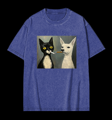 Cat Smoking In Oil Art Vintage Washed 100% Cotton T-Shirt