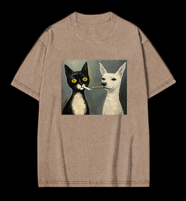 Cat Smoking In Oil Art Vintage Washed 100% Cotton T-Shirt
