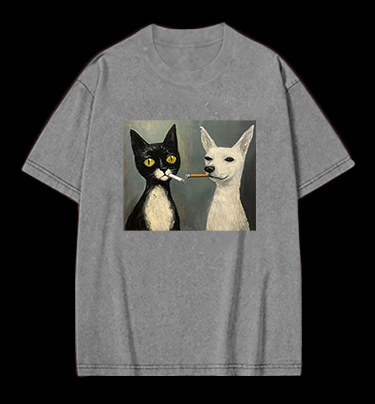 Cat Smoking In Oil Art Vintage Washed 100% Cotton T-Shirt