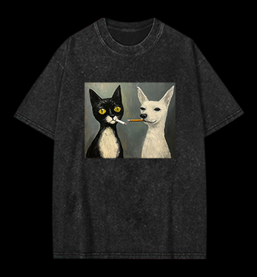 Cat Smoking In Oil Art Vintage Washed 100% Cotton T-Shirt