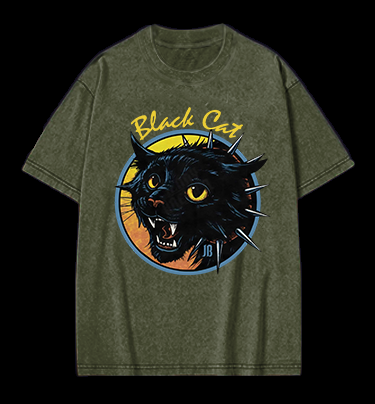 Black Cat Rock Vintage Washed 100% Cotton T-Shirt