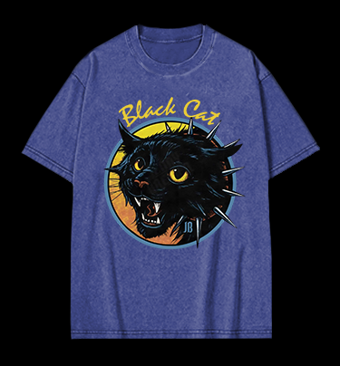 Black Cat Rock Vintage Washed 100% Cotton T-Shirt