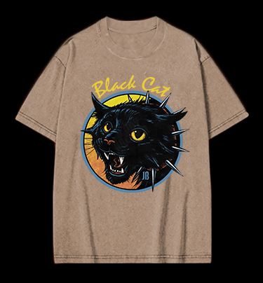 Black Cat Rock Vintage Washed 100% Cotton T-Shirt
