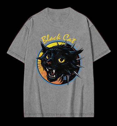 Black Cat Rock Vintage Washed 100% Cotton T-Shirt