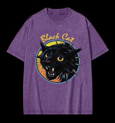 Black Cat Rock Vintage Washed 100% Cotton T-Shirt
