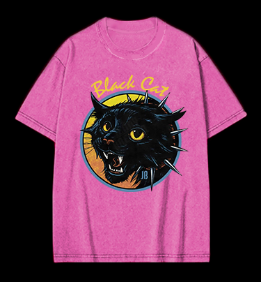 Black Cat Rock Vintage Washed 100% Cotton T-Shirt