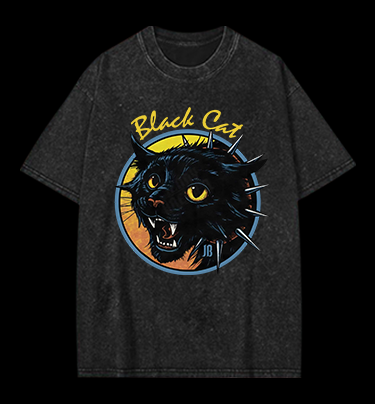 Black Cat Rock Vintage Washed 100% Cotton T-Shirt