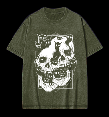 Skull Cats Vintage Washed 100% Cotton T-Shirt
