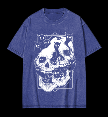 Skull Cats Vintage Washed 100% Cotton T-Shirt