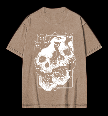 Skull Cats Vintage Washed 100% Cotton T-Shirt