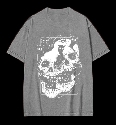 Skull Cats Vintage Washed 100% Cotton T-Shirt