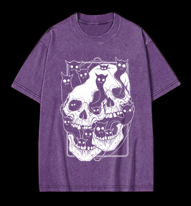 Skull Cats Vintage Washed 100% Cotton T-Shirt