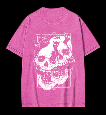 Skull Cats Vintage Washed 100% Cotton T-Shirt