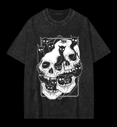 Skull Cats Vintage Washed 100% Cotton T-Shirt