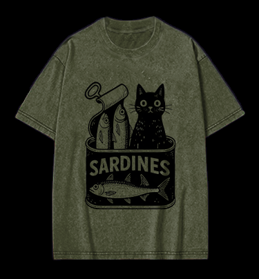 Sardines Can Black Cat Vintage Washed 100% Cotton T-Shirt