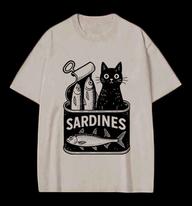 Sardines Can Black Cat Vintage Washed 100% Cotton T-Shirt