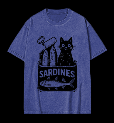 Sardines Can Black Cat Vintage Washed 100% Cotton T-Shirt