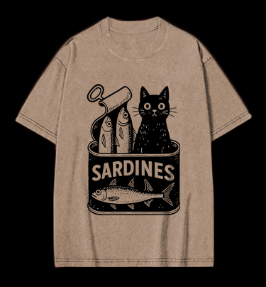 Sardines Can Black Cat Vintage Washed 100% Cotton T-Shirt