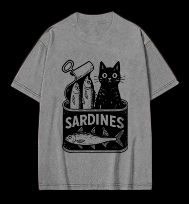 Sardines Can Black Cat Vintage Washed 100% Cotton T-Shirt