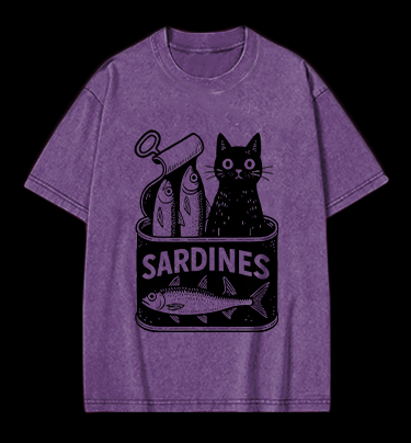 Sardines Can Black Cat Vintage Washed 100% Cotton T-Shirt