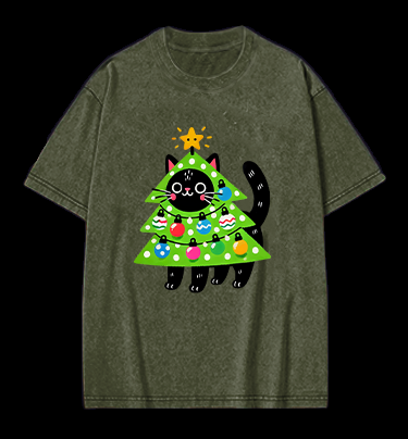 Christmas Cat Tree Vintage Washed 100% Cotton T-Shirt
