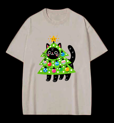 Christmas Cat Tree Vintage Washed 100% Cotton T-Shirt