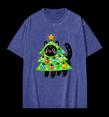 Christmas Cat Tree Vintage Washed 100% Cotton T-Shirt