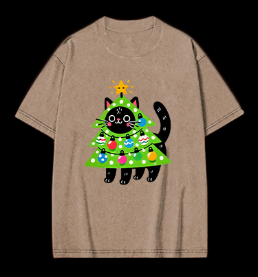 Christmas Cat Tree Vintage Washed 100% Cotton T-Shirt