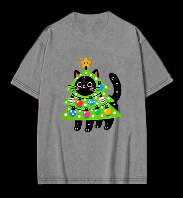 Christmas Cat Tree Vintage Washed 100% Cotton T-Shirt