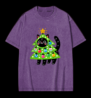 Christmas Cat Tree Vintage Washed 100% Cotton T-Shirt