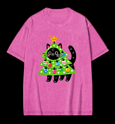 Christmas Cat Tree Vintage Washed 100% Cotton T-Shirt