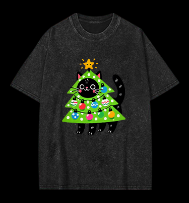 Christmas Cat Tree Vintage Washed 100% Cotton T-Shirt
