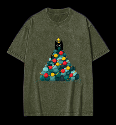 Black Cat Christmas Tree Vintage Washed 100% Cotton T-Shirt