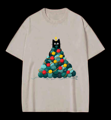 Black Cat Christmas Tree Vintage Washed 100% Cotton T-Shirt