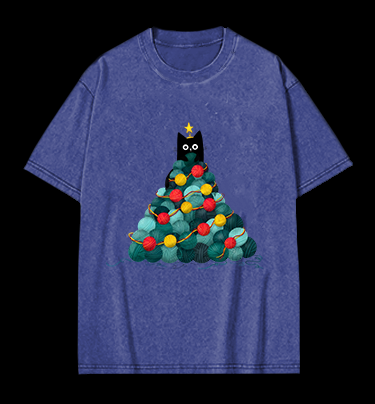 Black Cat Christmas Tree Vintage Washed 100% Cotton T-Shirt