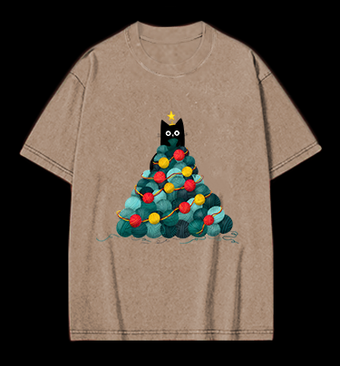Black Cat Christmas Tree Vintage Washed 100% Cotton T-Shirt